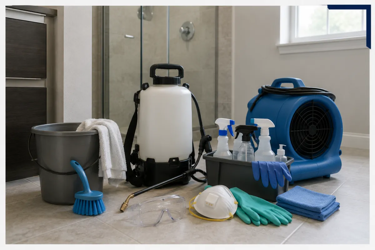 Cleaning and sanitizing equipment staged for sewage backup cleanup in Plano