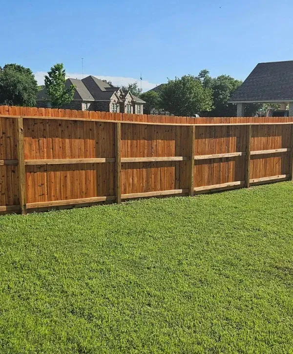 Backyard cedar fence with horizontal support beams and freshly stained wood