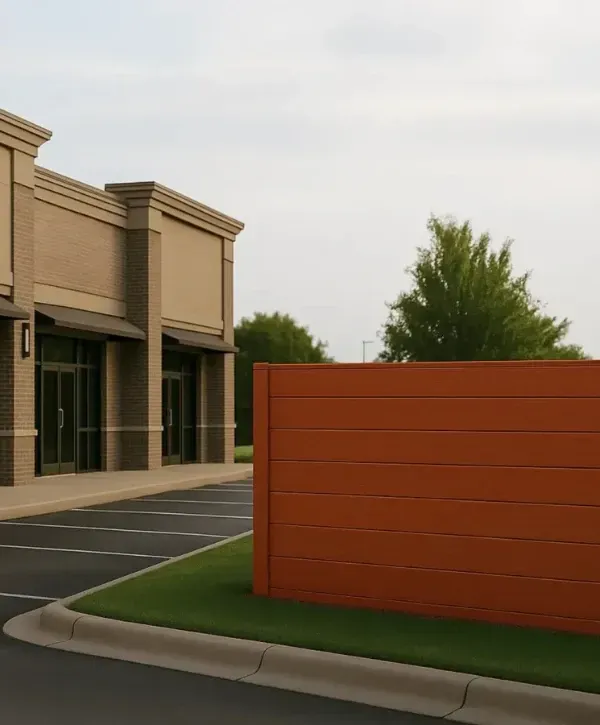 Sleek privacy fence beside office parking lot.