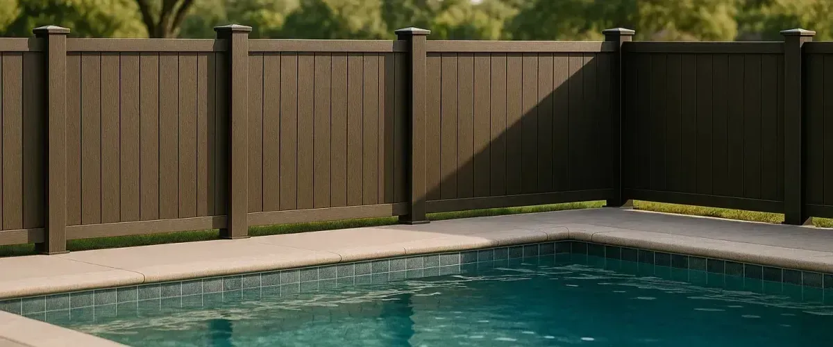 Modern composite privacy fence surrounding a backyard swimming pool