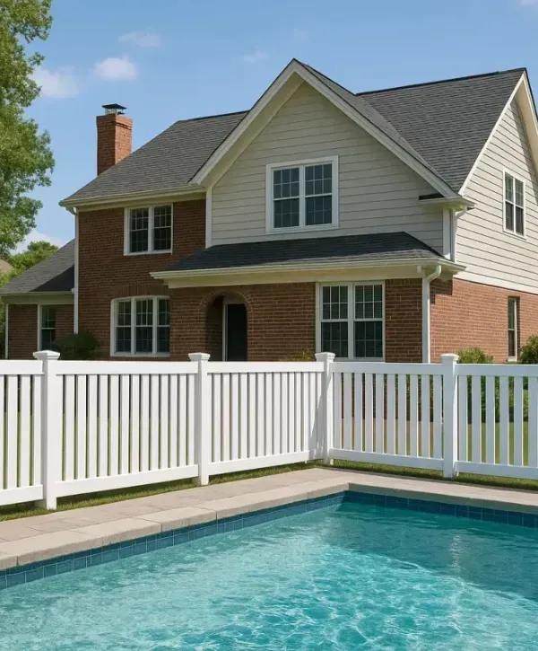White vinyl safety fence enclosing a residential backyard swimming pool