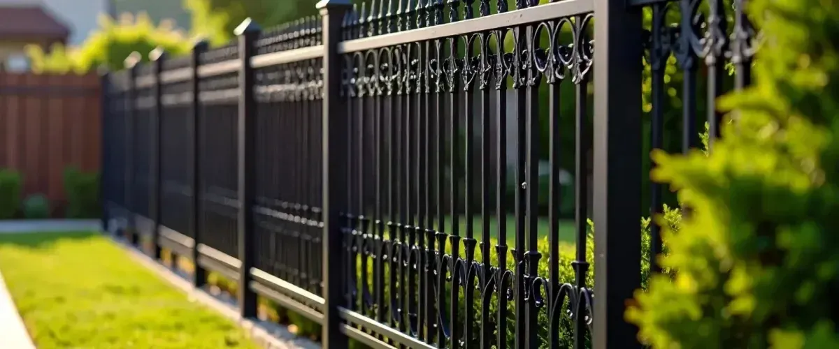 Black ornamental fence bordering a landscaped backyard with greenery