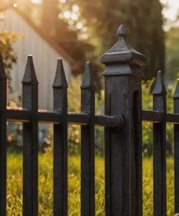 Close-up of ornamental iron fence post with spear pickets in a residential yard at sunset