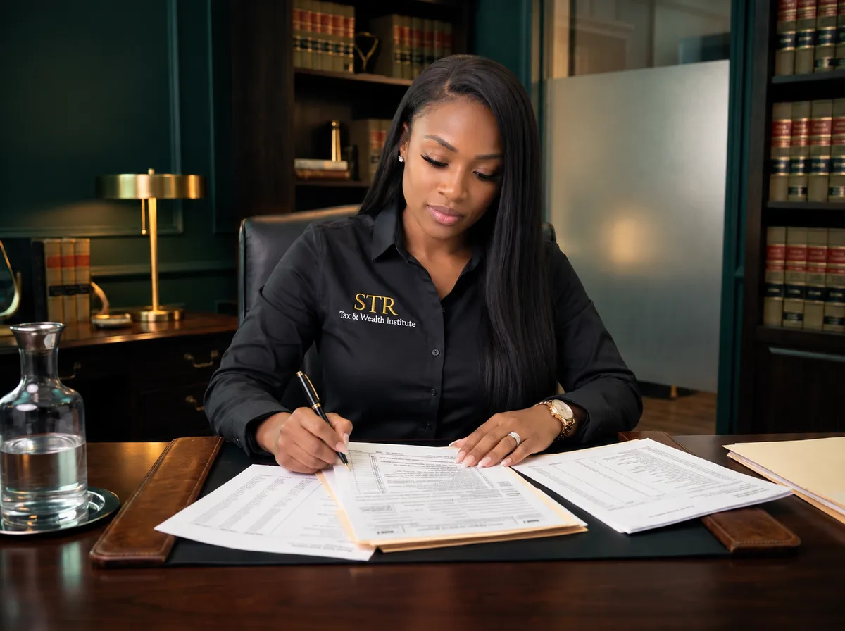 Tax preparer reviewing IRS Form 8867 compliance documents and client tax records