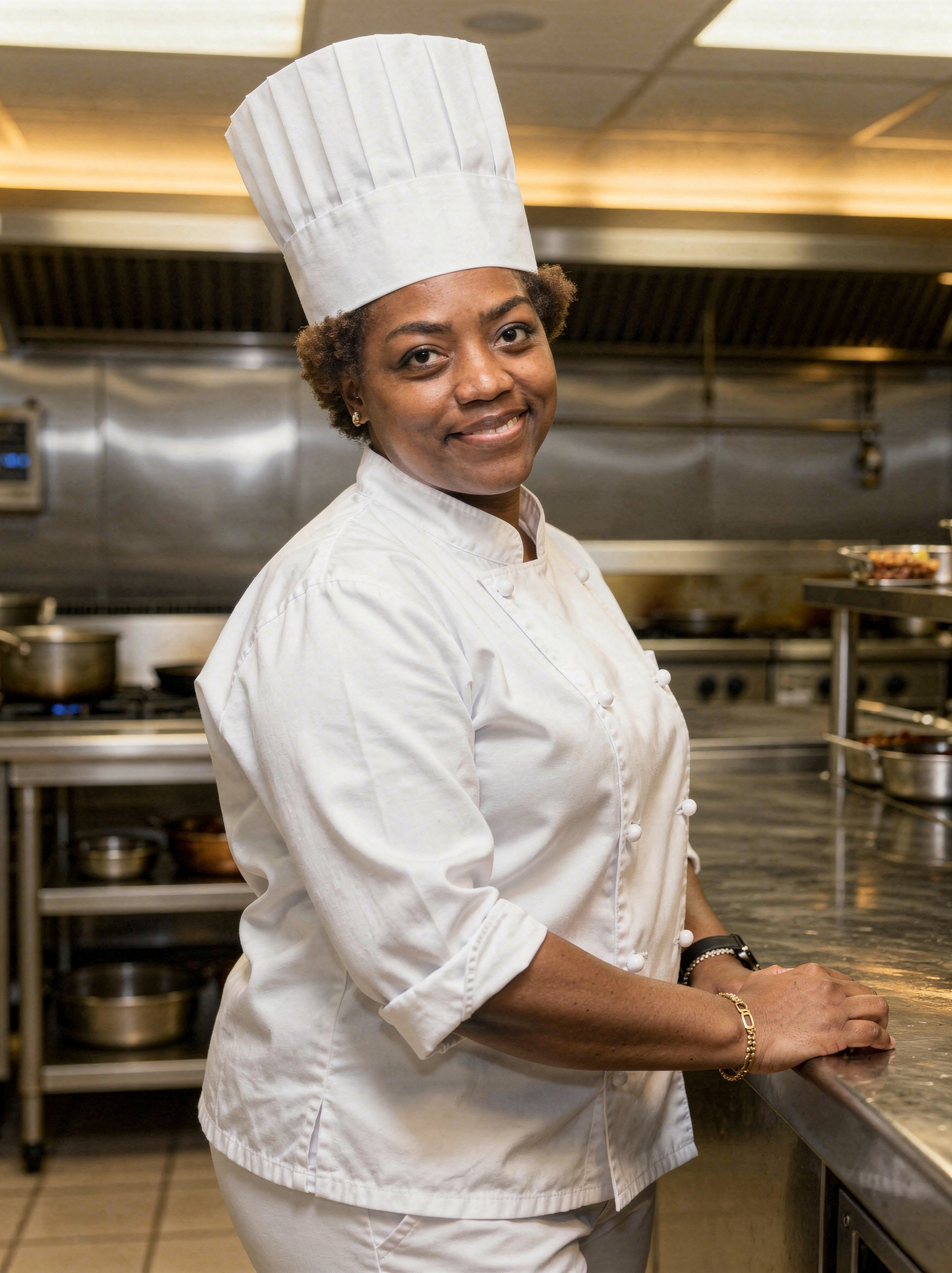 Chef Jo, a woman in her 40s with a warm smile, copper chef's coat, standing in a sunlit kitchen, holding a whisk, 3:2 aspect ratio