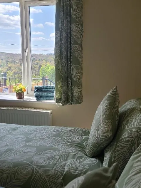 Bedroom 1 with views of the courtyard garden and forest views