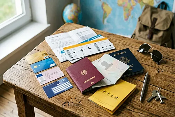 Reisepass, Personalausweis, Flugticket und weitere Reisedokumente liegen bereit für die Vorbereitung einer Auslandsreise.