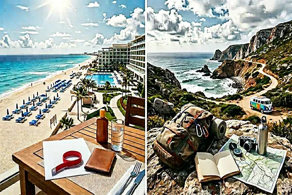 Urlauber planen ihre Reise mit Landkarte, Reisepass und Laptop und vergleichen die Optionen einer Pauschalreise mit einer individuell organisierten Reise.