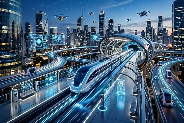 Reisender nutzt eine KI-gestützte Reise-App auf einem Smartphone, während digitale Technologien die Planung und Durchführung moderner Reisen unterstützen.