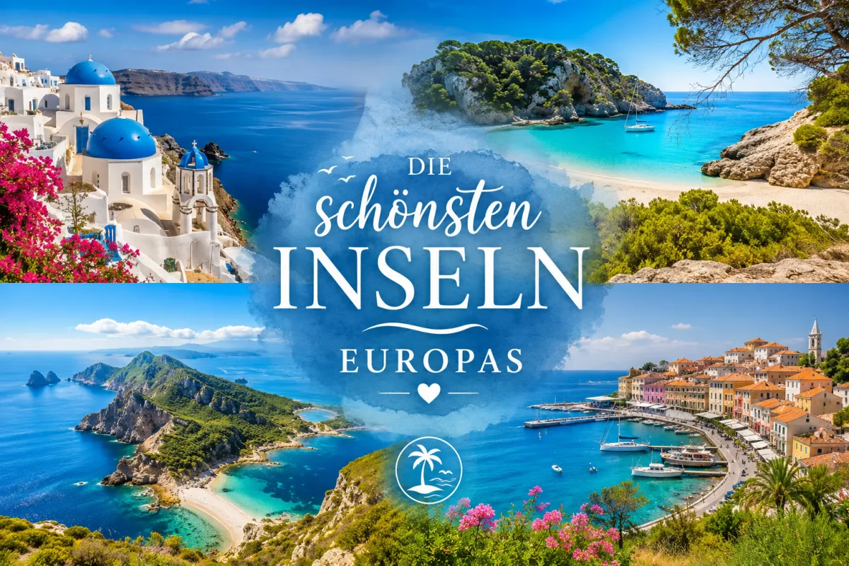 Collage der schönsten Inseln Europas mit türkisblauem Meer, weißen Sandstränden, malerischen Küstenorten, grünen Landschaften und beeindruckenden Vulkan- und Felsformationen unter strahlendem Sonnenschein.
