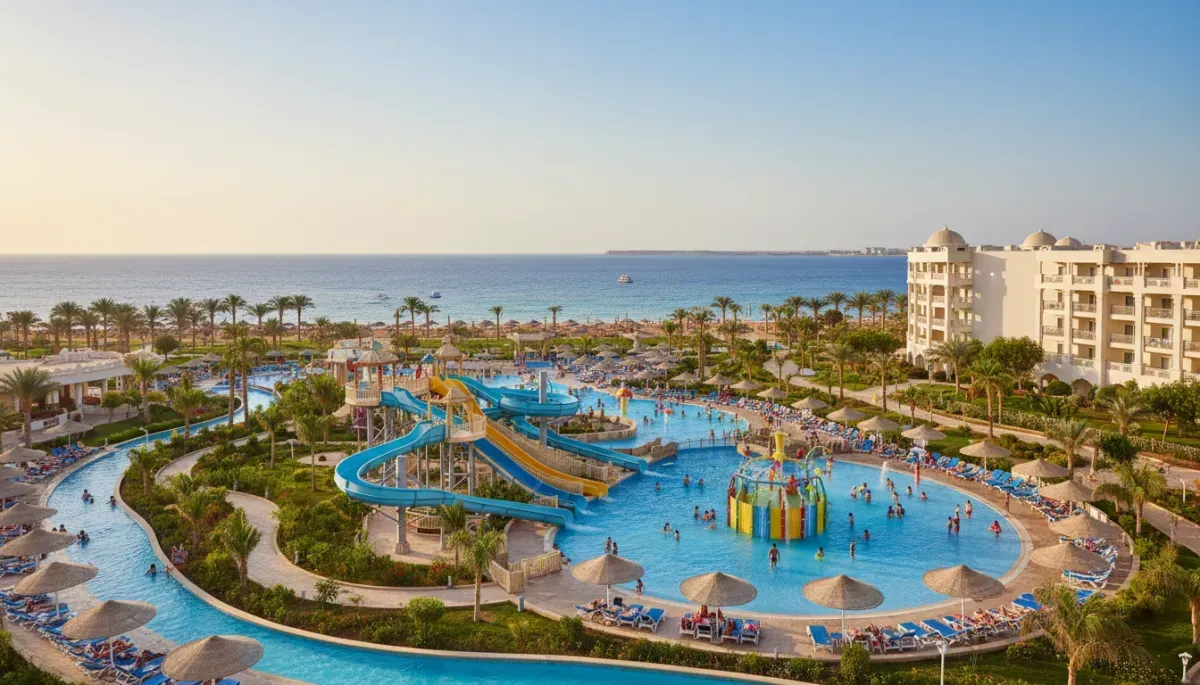 Große Poollandschaft mit Wasserrutschen und direkter Strandlage im Grand Waterworld Makadi in Ägypten – ideales Familienhotel am Roten Meer.