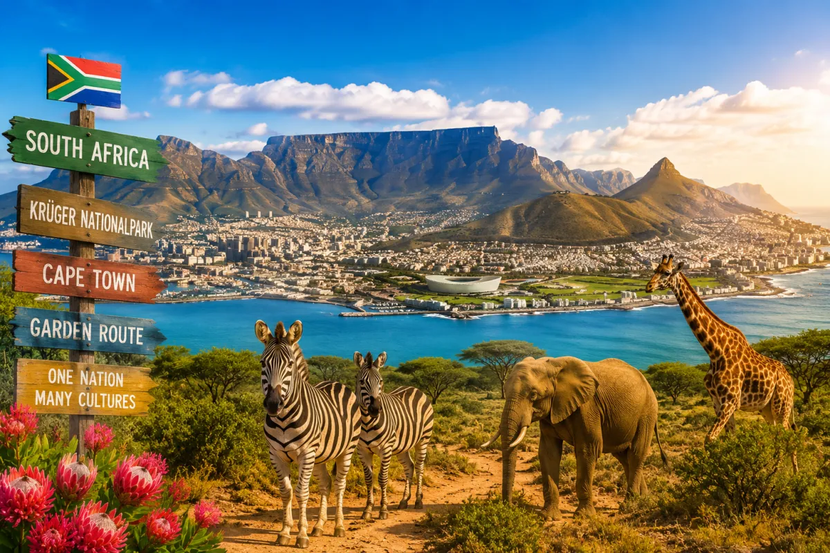 Safari im Krüger-Nationalpark mit Elefanten und Giraffen vor der afrikanischen Savanne sowie Blick auf den Tafelberg und die Küste von Kapstadt bei strahlendem Sonnenschein.