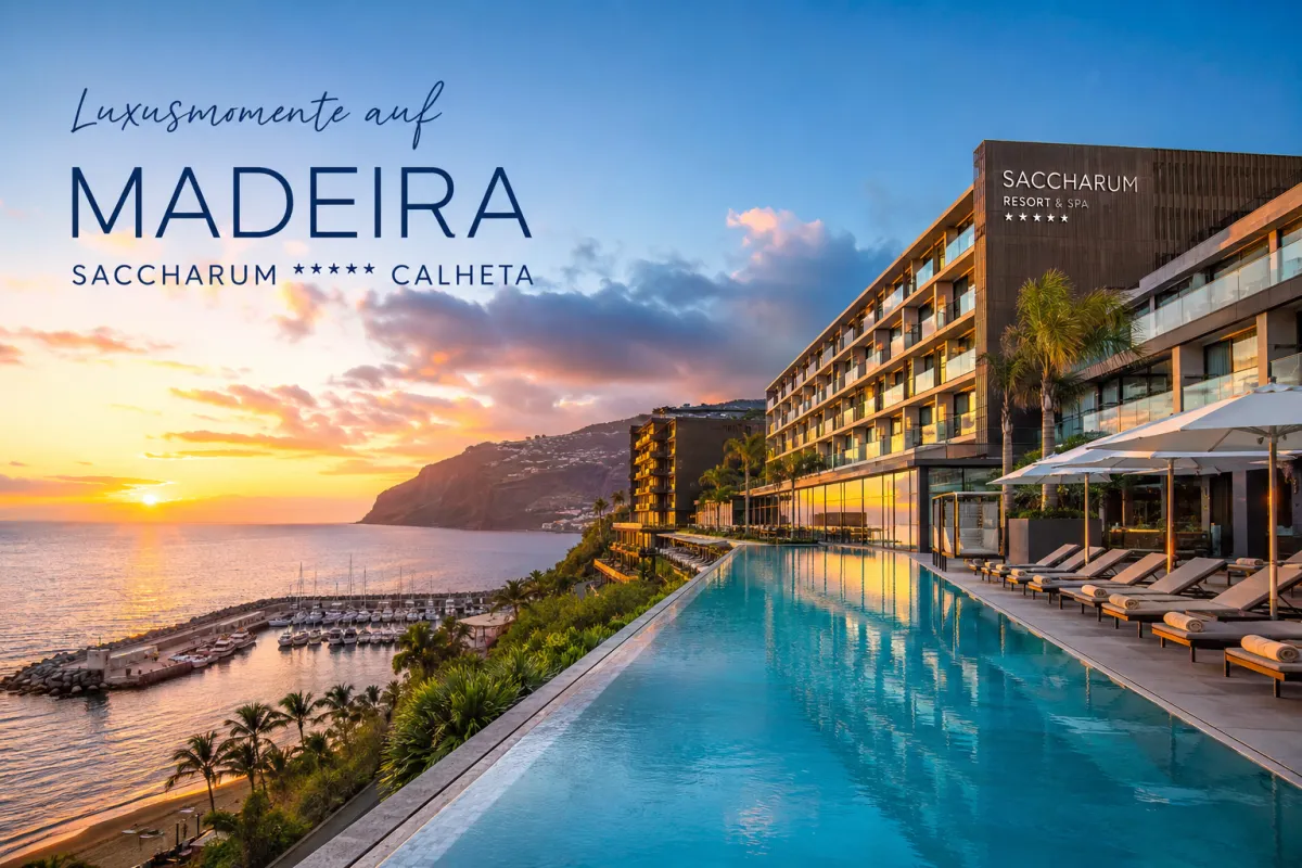 Infinity-Pool des luxuriösen Saccharum Resort & Spa in Calheta auf Madeira mit Blick auf den Atlantik, die Marina und die beeindruckende Küstenlandschaft.
