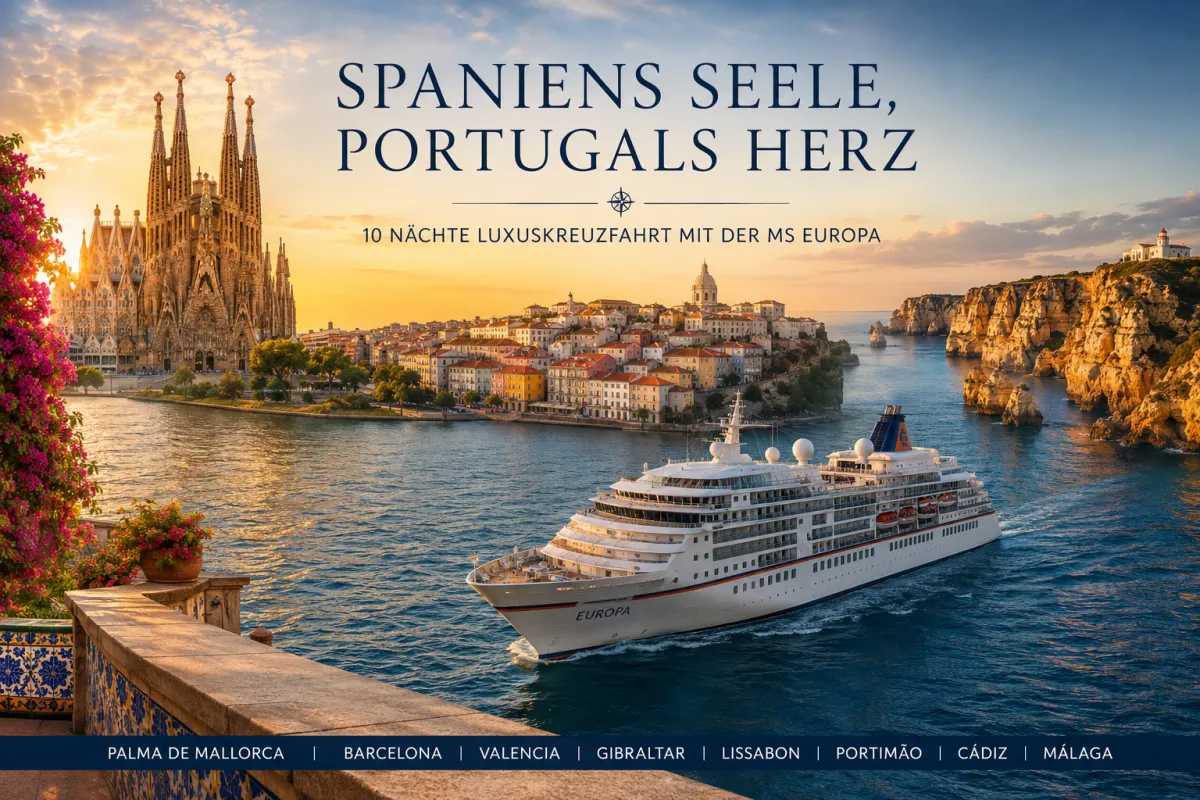 Die MS EUROPA vor der malerischen Küste der Iberischen Halbinsel mit Stopps in Barcelona, Lissabon, Gibraltar und der Algarve – luxuriöse Kreuzfahrt durch Spanien und Portugal.