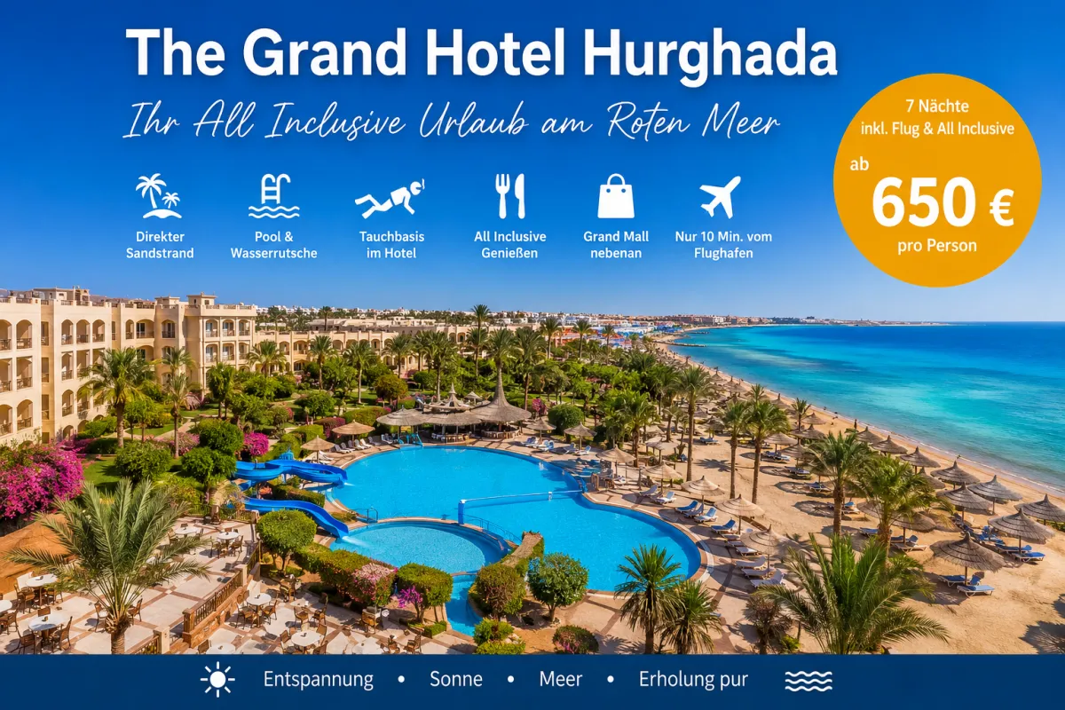 Das Grand Hotel Hurghada mit großzügiger Poollandschaft, tropischer Gartenanlage und direkter Lage am privaten Sandstrand des Roten Meeres in Ägypten.