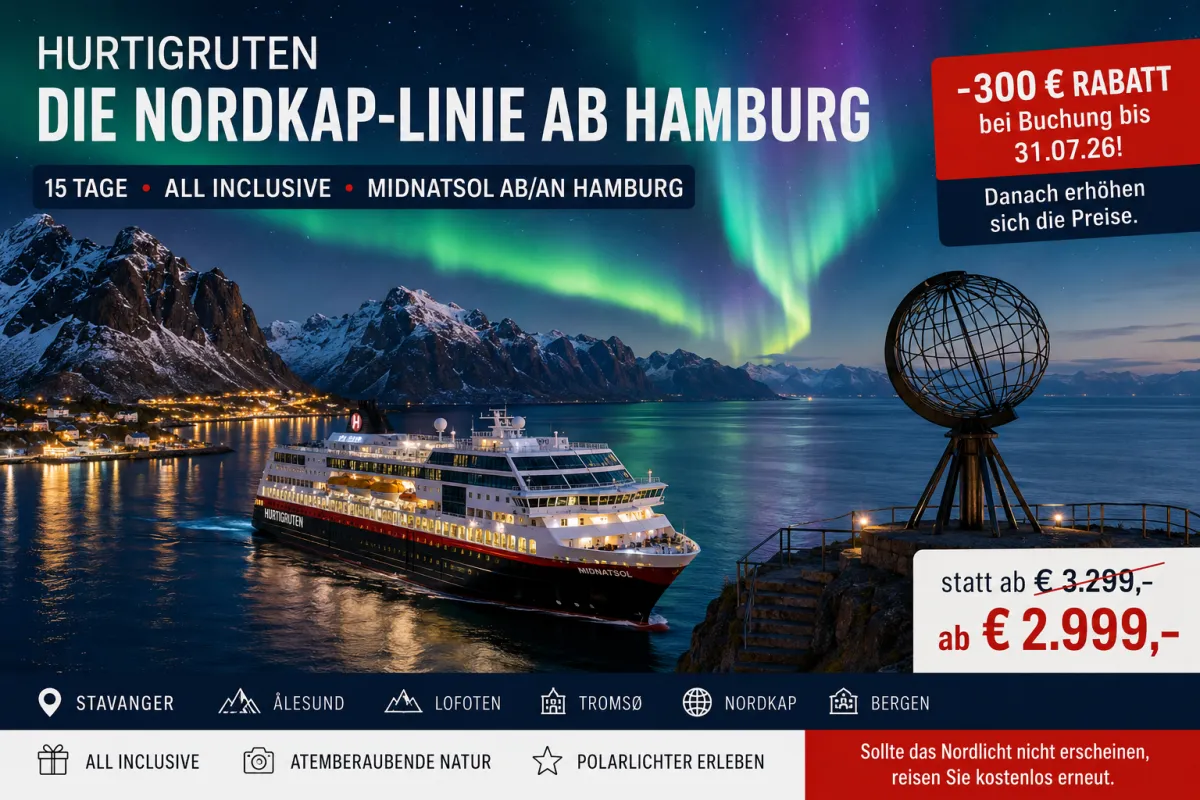 Die Hurtigruten Midnatsol fährt entlang der spektakulären norwegischen Küste mit Fjorden, schneebedeckten Bergen und Polarlichtern auf der 15-tägigen Nordkap-Linie ab Hamburg.
