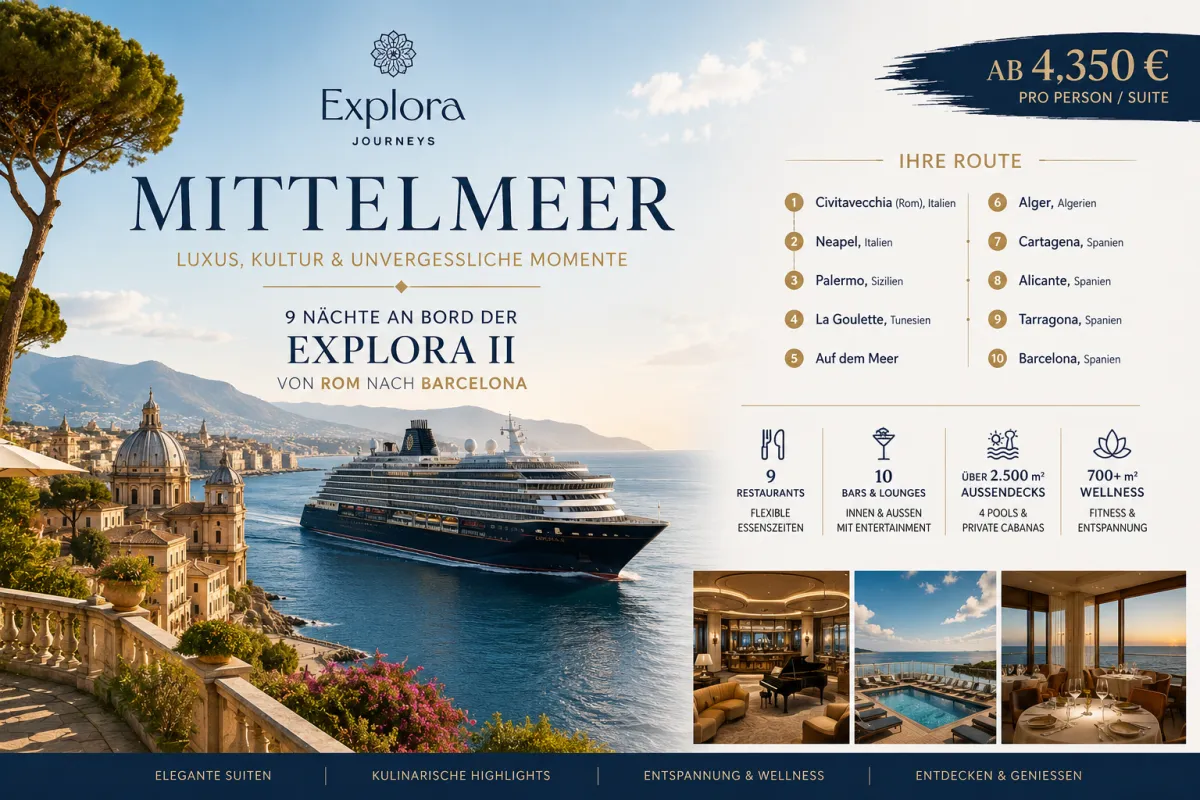 Die EXPLORA II fährt entlang der malerischen Mittelmeerküste und verbindet luxuriösen Komfort mit faszinierenden Reisezielen wie Rom, Neapel, Palermo und Barcelona.