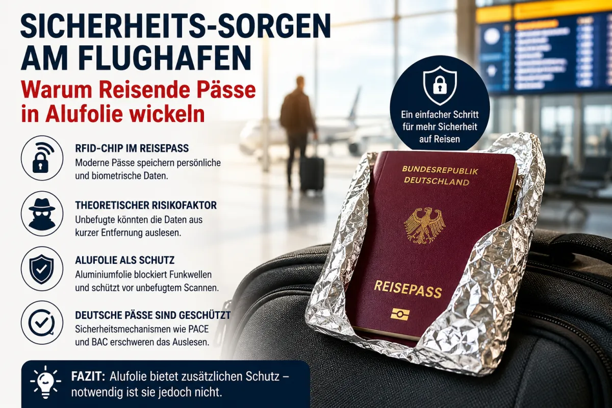 Ein deutscher Reisepass, teilweise in Aluminiumfolie eingewickelt, liegt auf einem Koffer in einer modernen Flughafenhalle und symbolisiert den Schutz vor unbefugtem RFID-Datenzugriff.