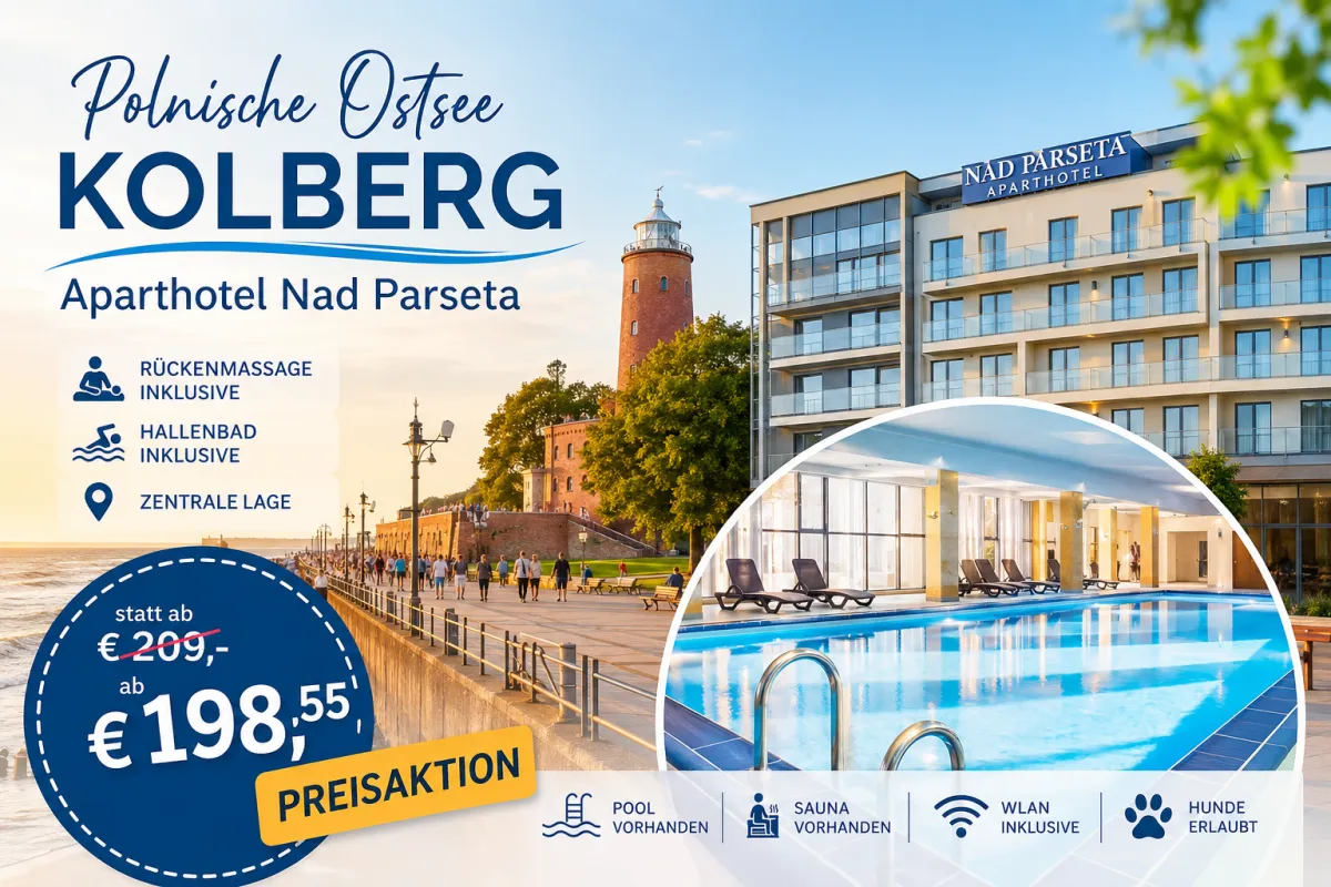 Blick auf die Ostsee und die Promenade von Kolberg mit dem Aparthotel Nad Parseta – Wellnessurlaub mit Hallenbad, Rückenmassage und zentraler Lage an der Polnischen Ostseeküste.