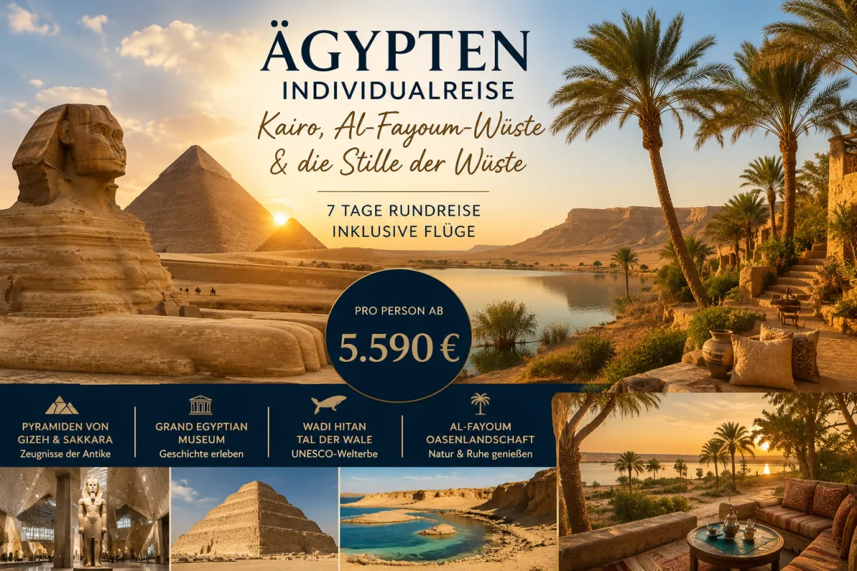 Die Pyramiden von Gizeh, die Oase Al-Fayoum und die Wüstenlandschaft des Wadi Hitan vereinen sich zu einer exklusiven Individualreise durch Ägyptens faszinierende Kultur- und Naturlandschaften.