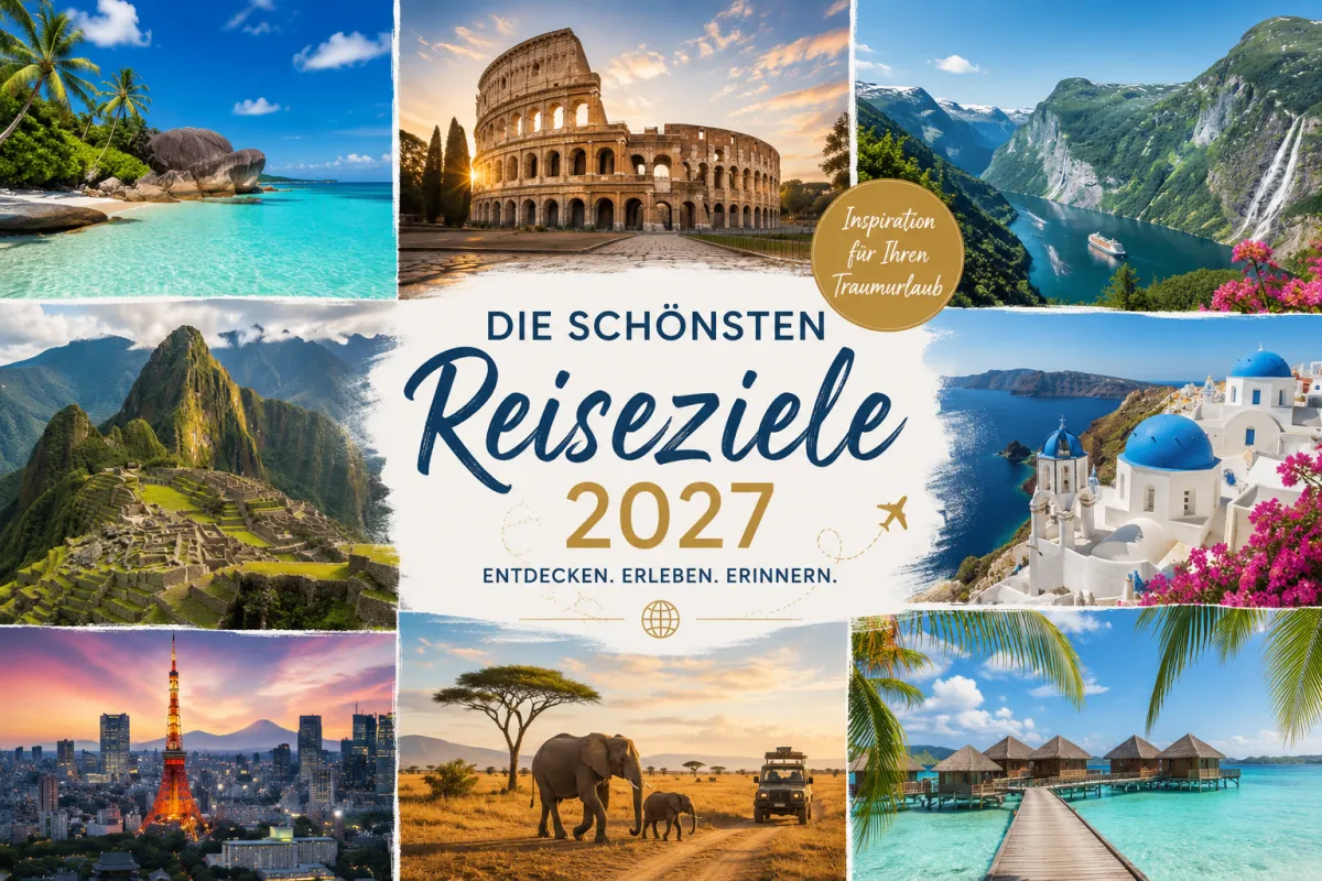 Collage mit den schönsten Reisezielen 2027: türkisfarbene Strände, beeindruckende Berge, historische Sehenswürdigkeiten und pulsierende Metropolen rund um den Globus.
