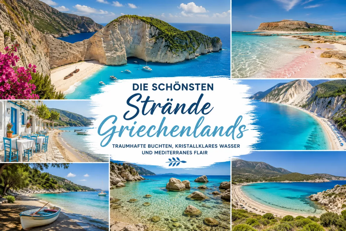 Traumhafte Strände Griechenlands mit türkisblauem Meer, feinem Sand, beeindruckenden Steilküsten und idyllischen Buchten auf den schönsten griechischen Inseln.