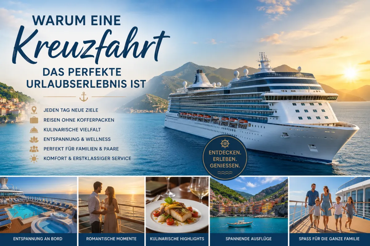 Modernes Kreuzfahrtschiff auf türkisblauem Meer vor einer beeindruckenden Küstenlandschaft – Sinnbild für einen entspannten und abwechslungsreichen Kreuzfahrturlaub.