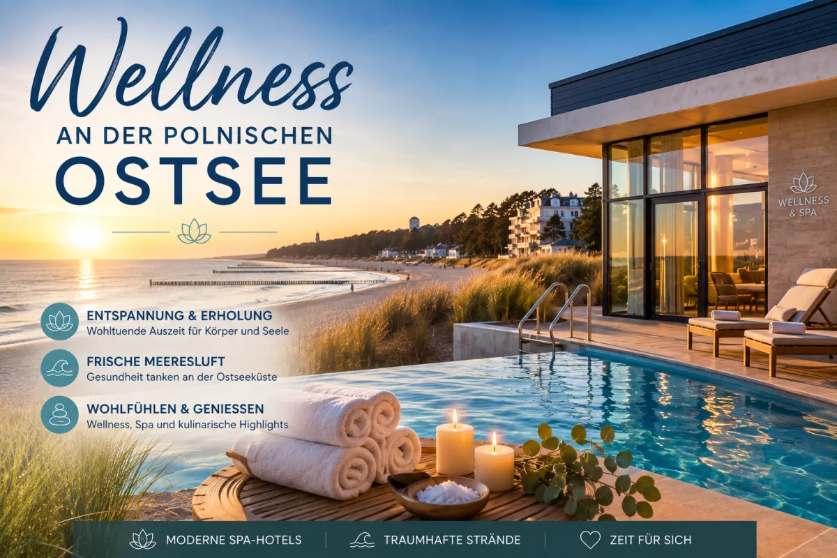 Modernes Wellnesshotel an der polnischen Ostsee mit Blick auf den feinen Sandstrand, entspannendem Spa-Bereich und der ruhigen Küstenlandschaft im Hintergrund.