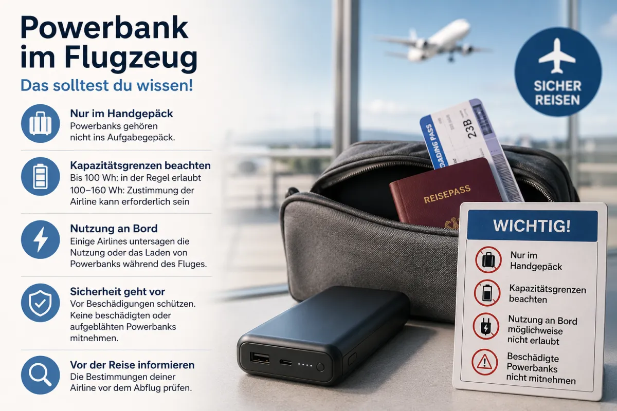 Powerbank im Handgepäck vor einem Flug mit wichtigen Hinweisen zu Kapazität und Sicherheit.