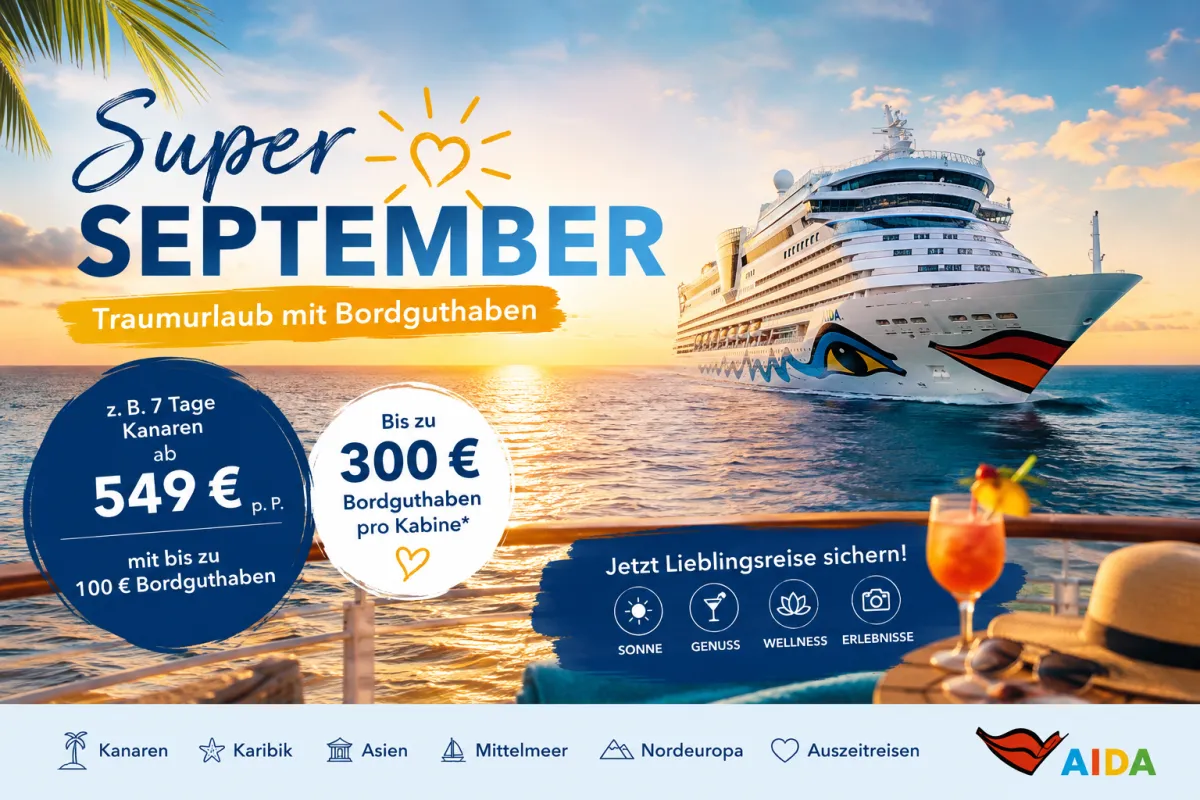 AIDA Kreuzfahrtschiff auf dem Meer bei Sonnenuntergang – SuperSeptember mit attraktiven Kreuzfahrtangeboten und bis zu 300 Euro Bordguthaben.
