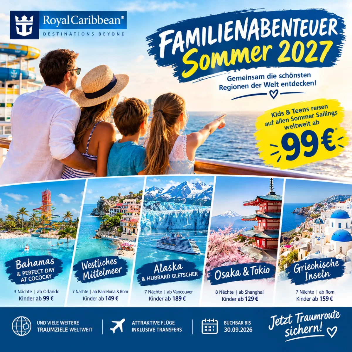 Familie an Bord eines Kreuzfahrtschiffes mit Blick auf das Meer – Familienkreuzfahrten mit Royal Caribbean im Sommer 2027