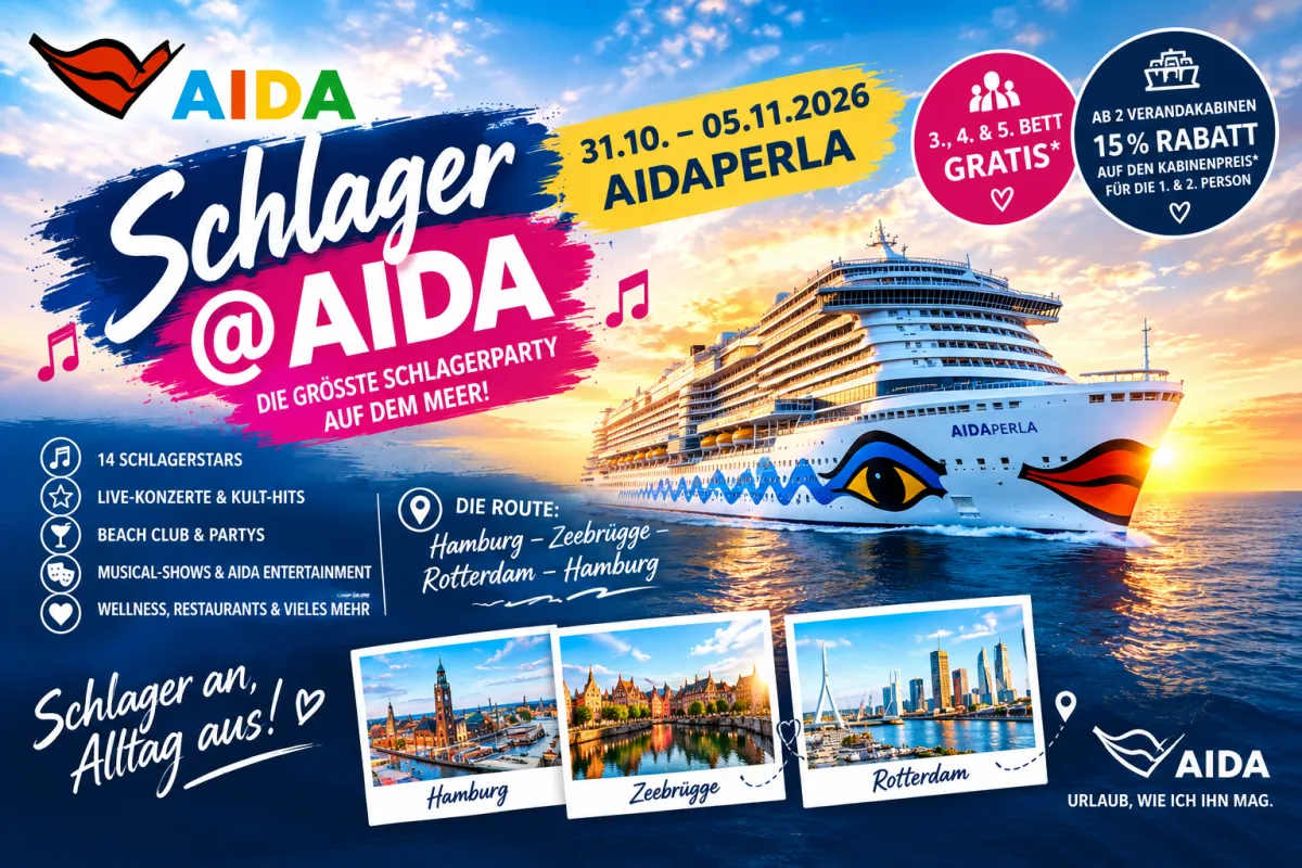 Schlager @ AIDA auf der AIDAperla: Schlagerkreuzfahrt vom 31.10. bis 05.11.2026 ab Hamburg mit Live-Musik, Party, Meer und Stopps in Zeebrügge und Rotterdam.