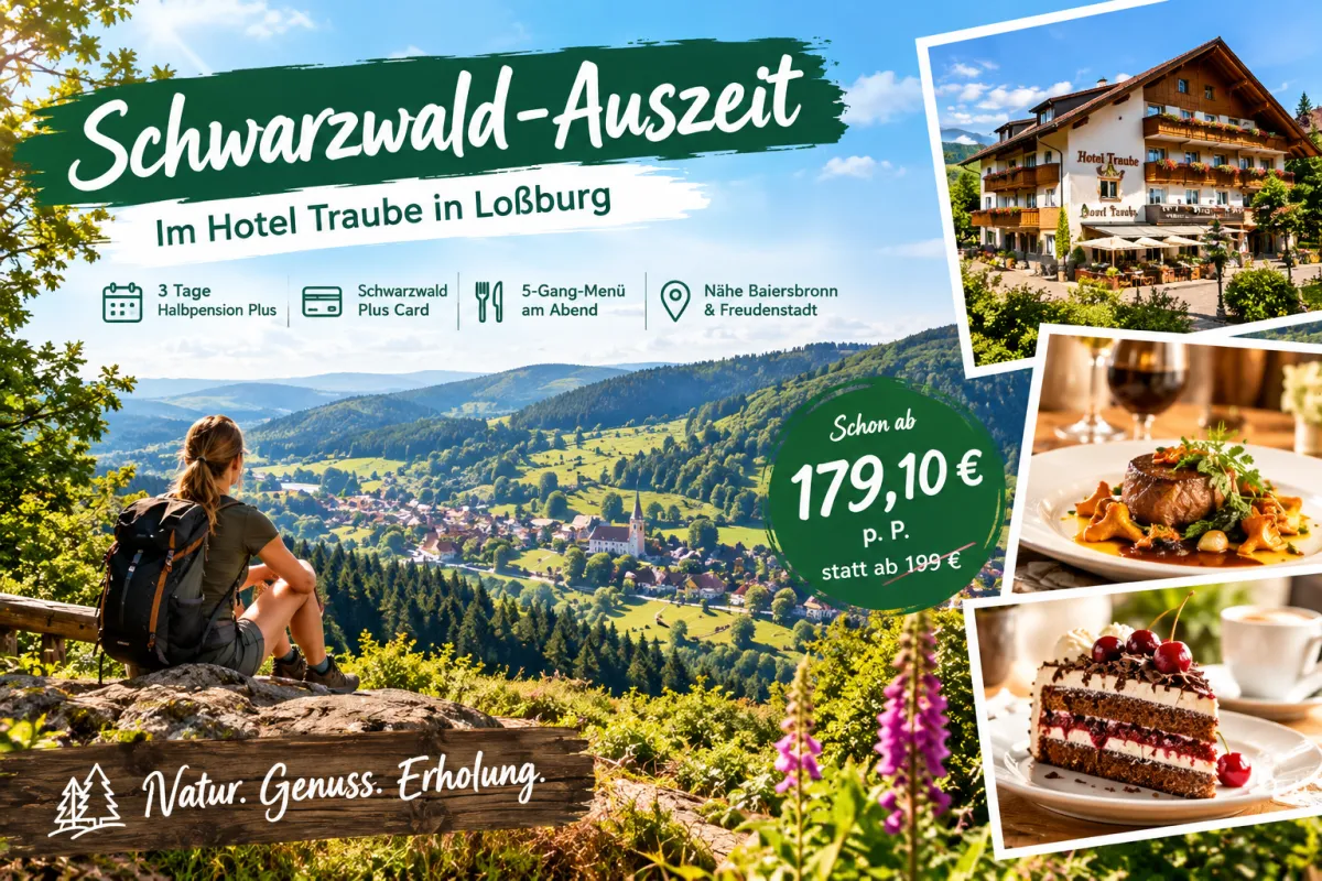 Idyllische Schwarzwaldlandschaft mit grünen Hügeln und dichten Tannenwäldern rund um Loßburg – ideal für einen erholsamen Kurzurlaub im Hotel Traube.