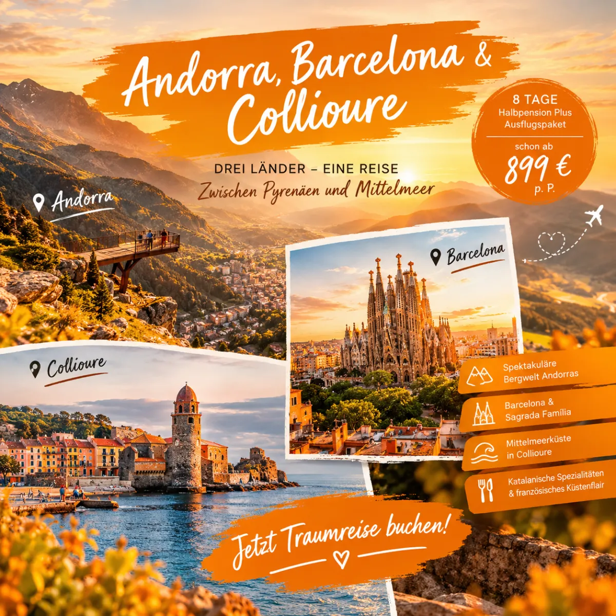 Andorra-Reise mit spektakulärer Pyrenäenlandschaft, Barcelona mit Sagrada Família und dem malerischen Küstenort Collioure am französischen Mittelmeer.