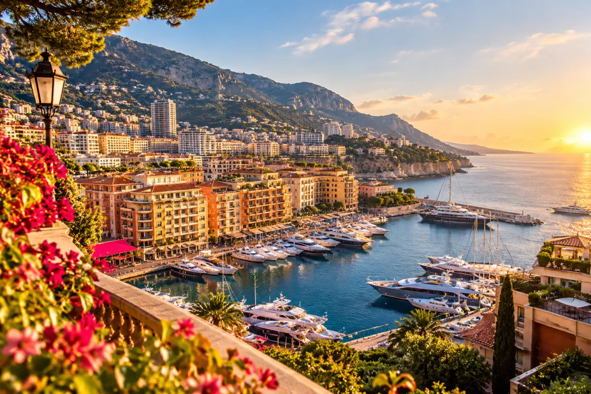 Mediterraner Hafen von Fontvieille in Monaco mit Yachten und Blick auf die Küste