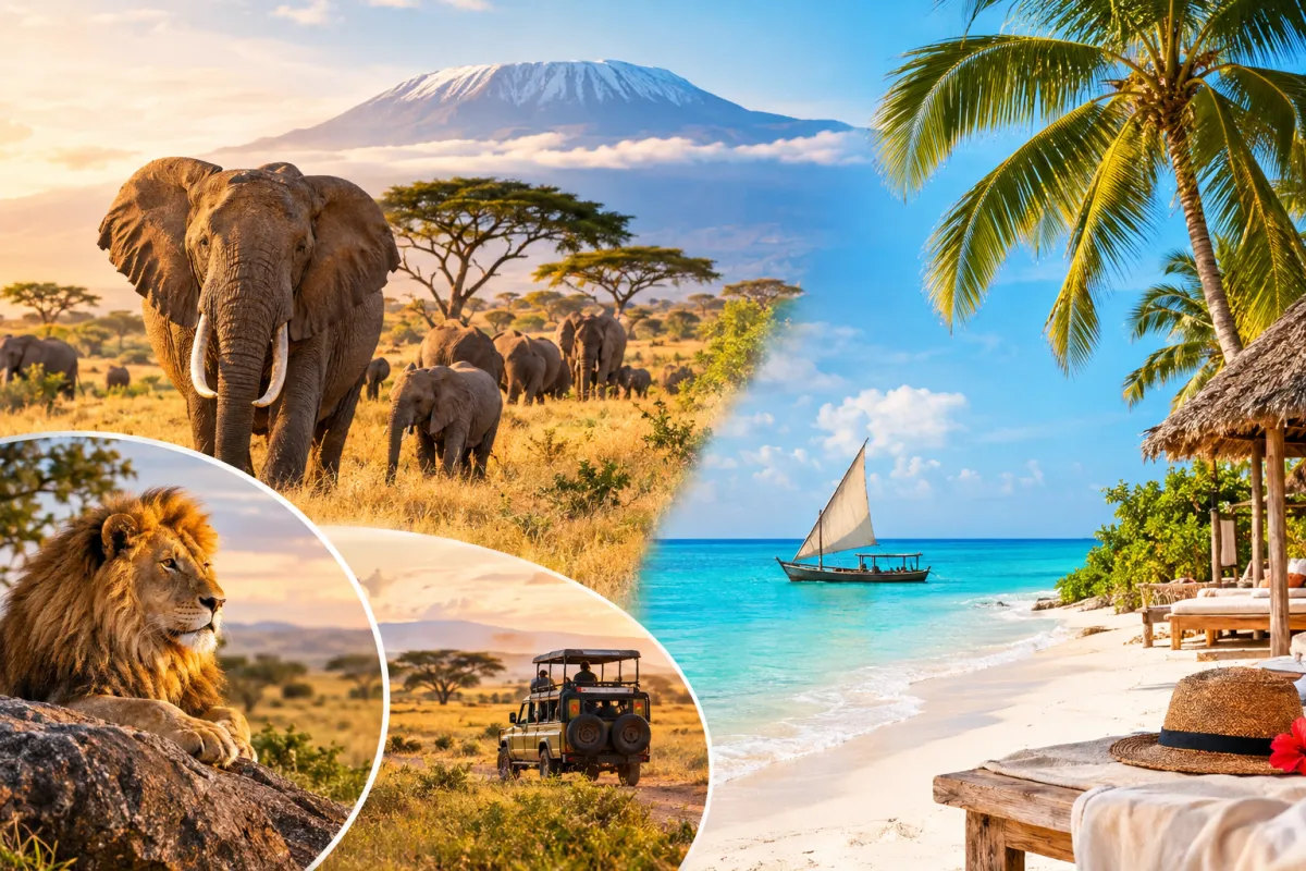 Elefanten und andere Wildtiere in Tansanias Savanne sowie weiße Sandstrände und türkisblaues Meer auf Sansibar.