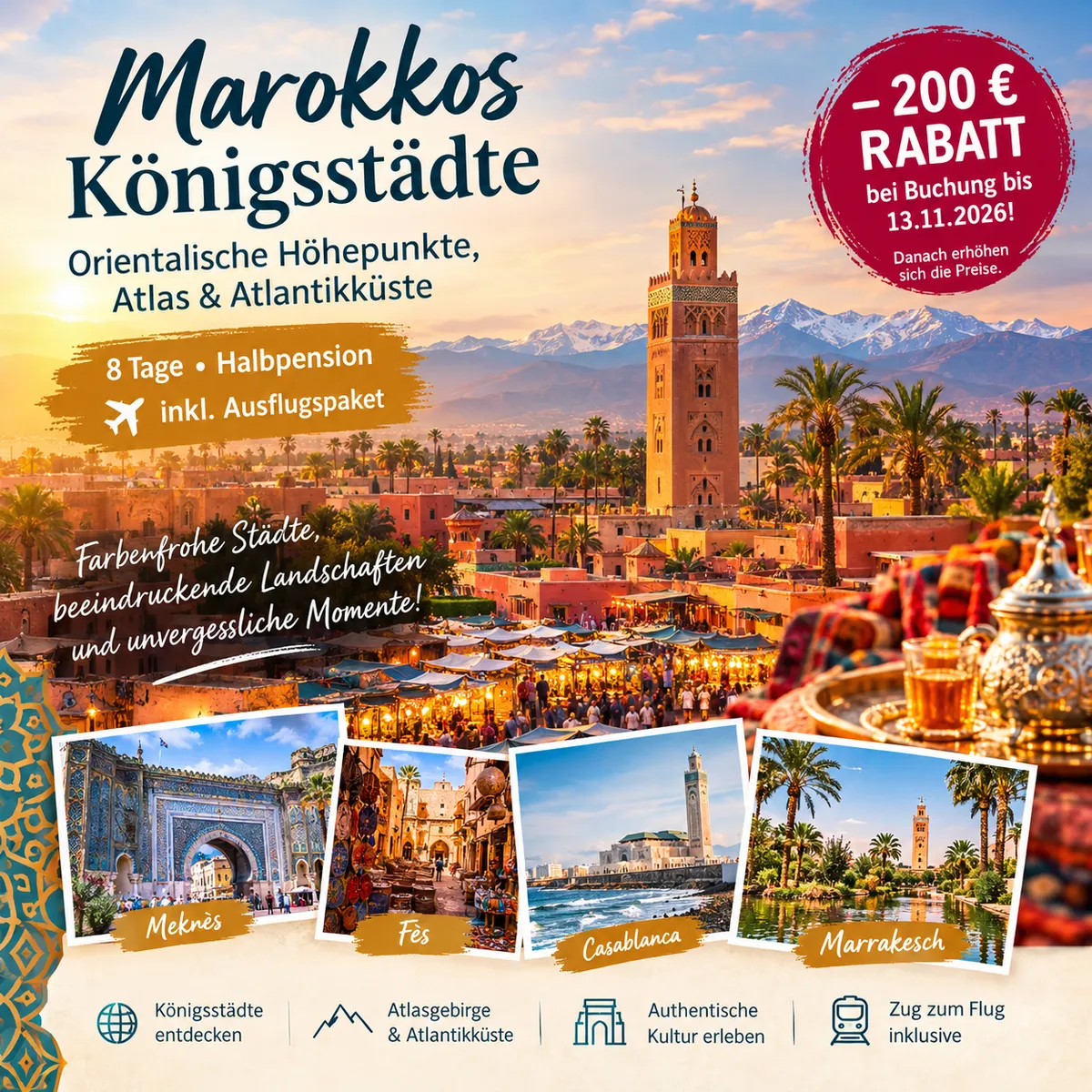Orientalische Altstadt in Marrakesch mit traditionellen Gebäuden, farbenfrohen Souks und beeindruckender marokkanischer Architektur.