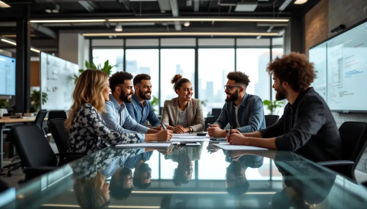 The image depicts a startup team collaborating in a modern office environment, showcasing a diverse group of professionals engaged in discussions and brainstorming sessions. They are likely focused on developing effective SaaS SEO strategies to enhance their online presence and improve search engine rankings.