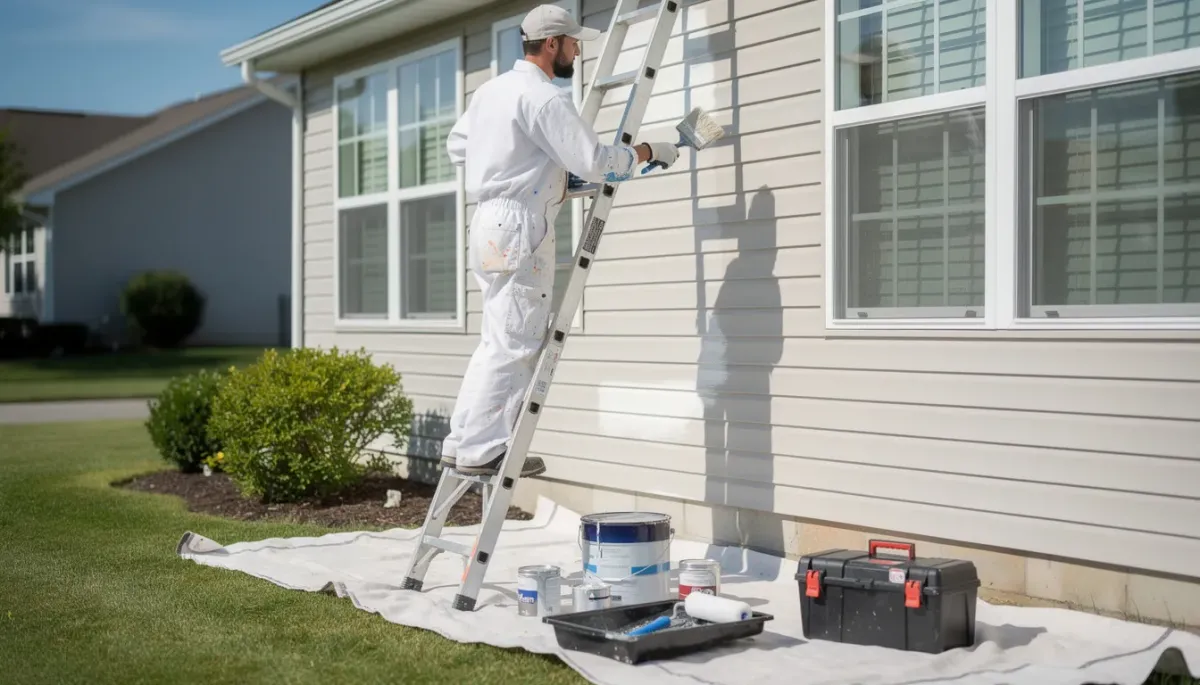 A professional painter is seen using a ladder to apply fresh paint to the exterior walls of a home, surrounded by various painting supplies. This image highlights the dedication of a local painting company providing residential painting services, essential for enhancing the home's curb appeal and online visibility in local searches.