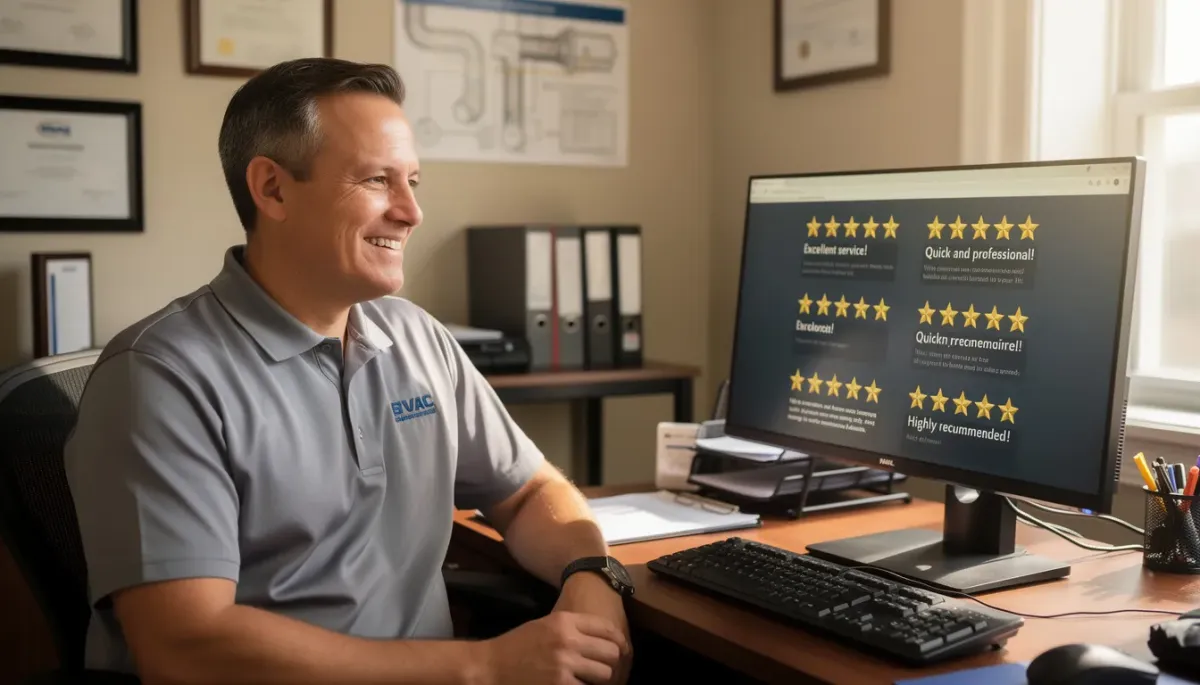 The image depicts a satisfied HVAC business owner sitting at their desk, reviewing positive online reviews on a computer. The owner appears pleased with the feedback, reflecting the success of their HVAC services and effective digital marketing strategies, which enhance their local search presence and attract more customers.