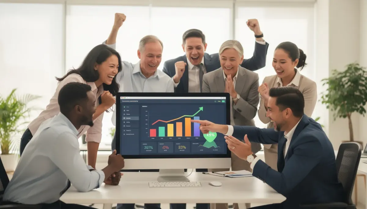 The image depicts a satisfied HVAC business owner sitting at their desk, reviewing positive online reviews on a computer. The owner appears pleased with the feedback, reflecting the success of their HVAC services and effective digital marketing strategies, which enhance their local search presence and attract more customers.
