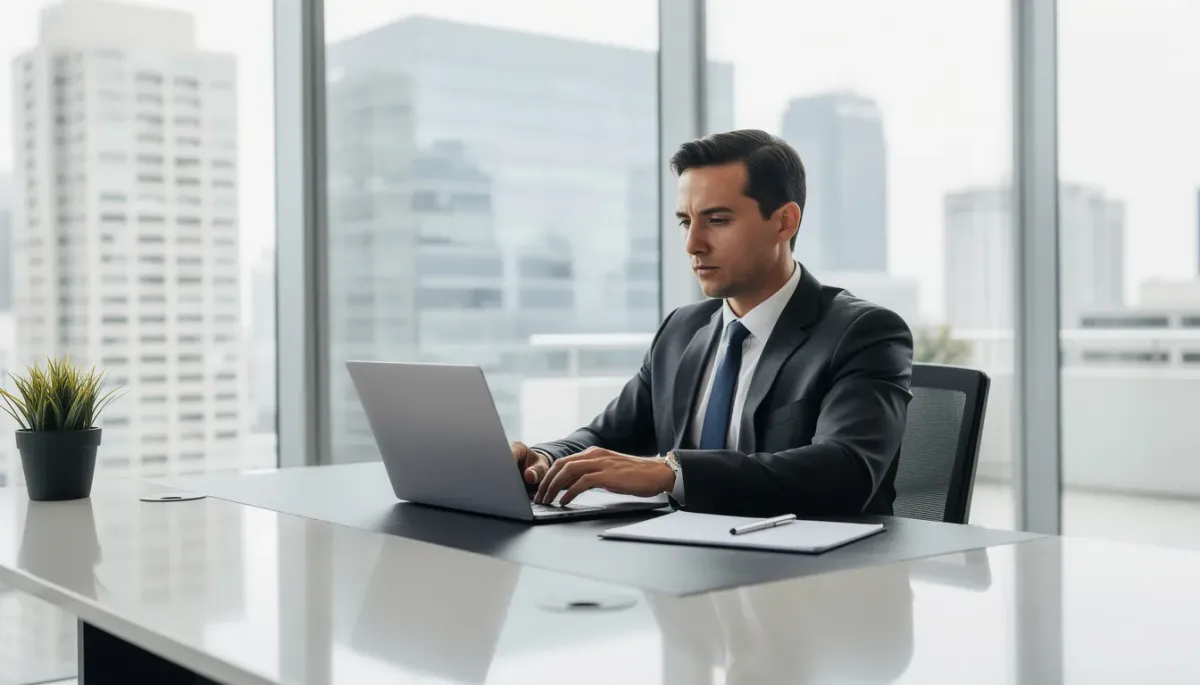 The image depicts a satisfied HVAC business owner sitting at their desk, reviewing positive online reviews on a computer. The owner appears pleased with the feedback, reflecting the success of their HVAC services and effective digital marketing strategies, which enhance their local search presence and attract more customers.