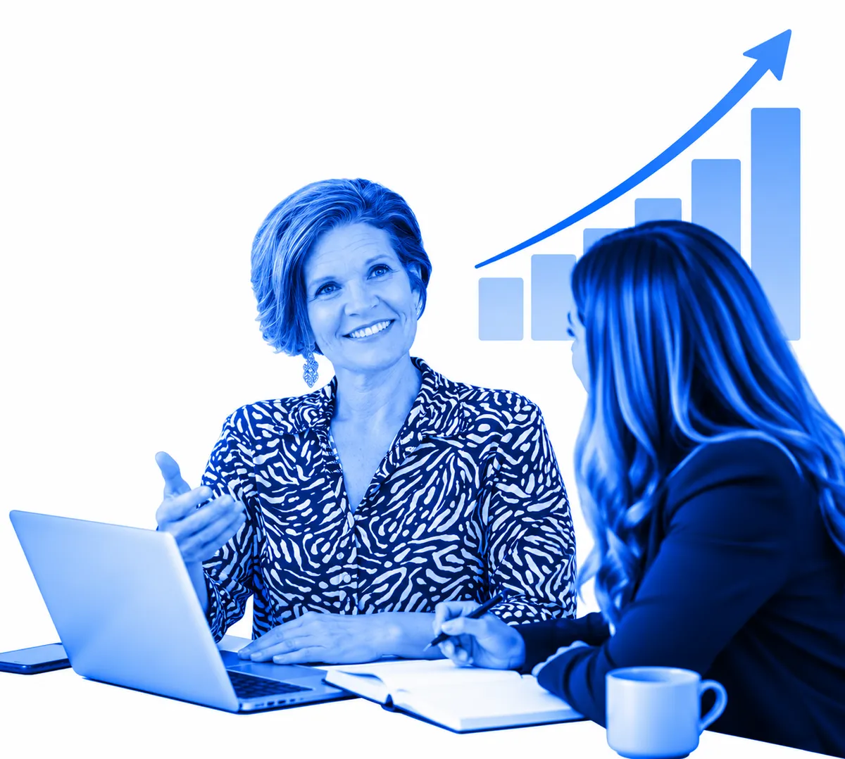 A professional business coach meets with a client to discuss strategy, goals, and opportunities for growth, represented by an upward-trending graph in the background.