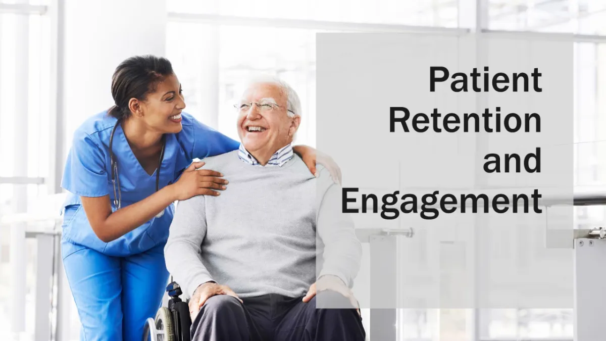 A Physical therapist with an old paient on wheelchair both laughing with text patient retention and engagement