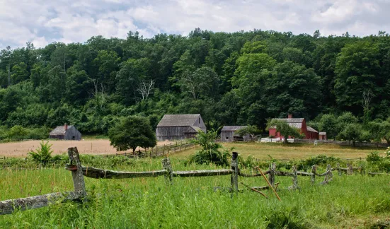 A scenic landscape iew of a farmhouse, barn, rustic fence, and grass, hay, and trees