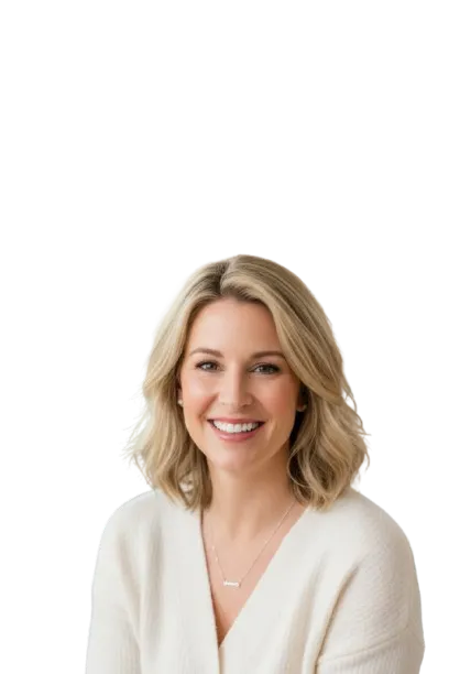 Head-and-shoulders portrait of a smiling client in a bright, airy modern home interior with natural window light, neutral pastel tones, soft bokeh background, relaxed confident expression, premium retouching