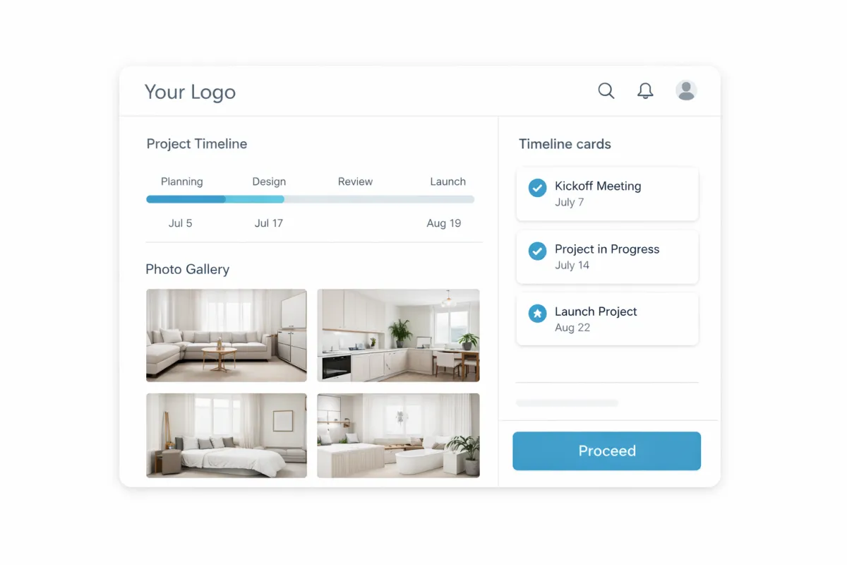 Bright, high-fidelity UI mockup of the Orbit One project dashboard showing renovation timelines