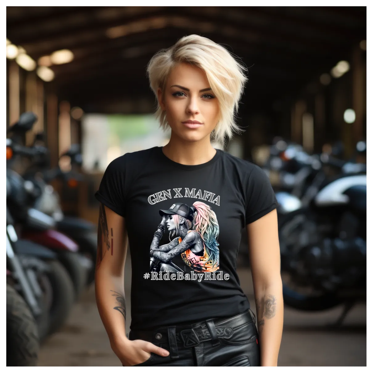 model with GenX Mafia Tee