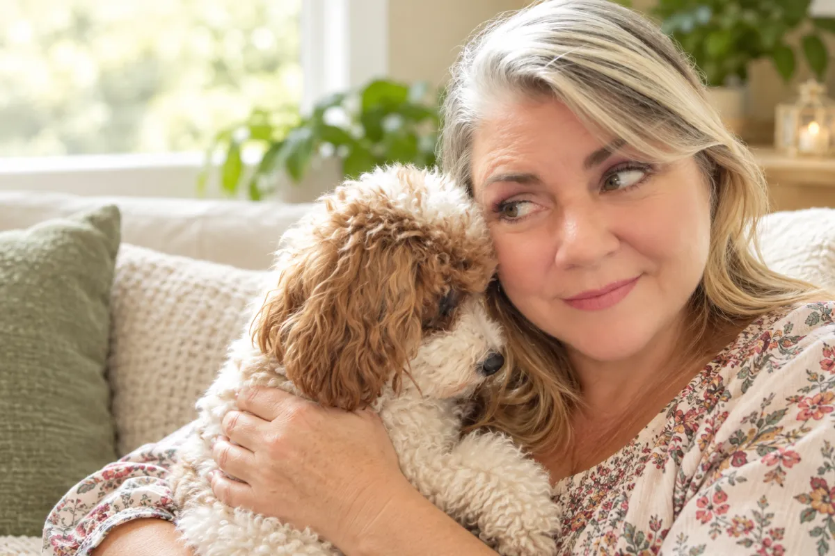 Elisabeth cuddling a happy small dog on the couch in her living room