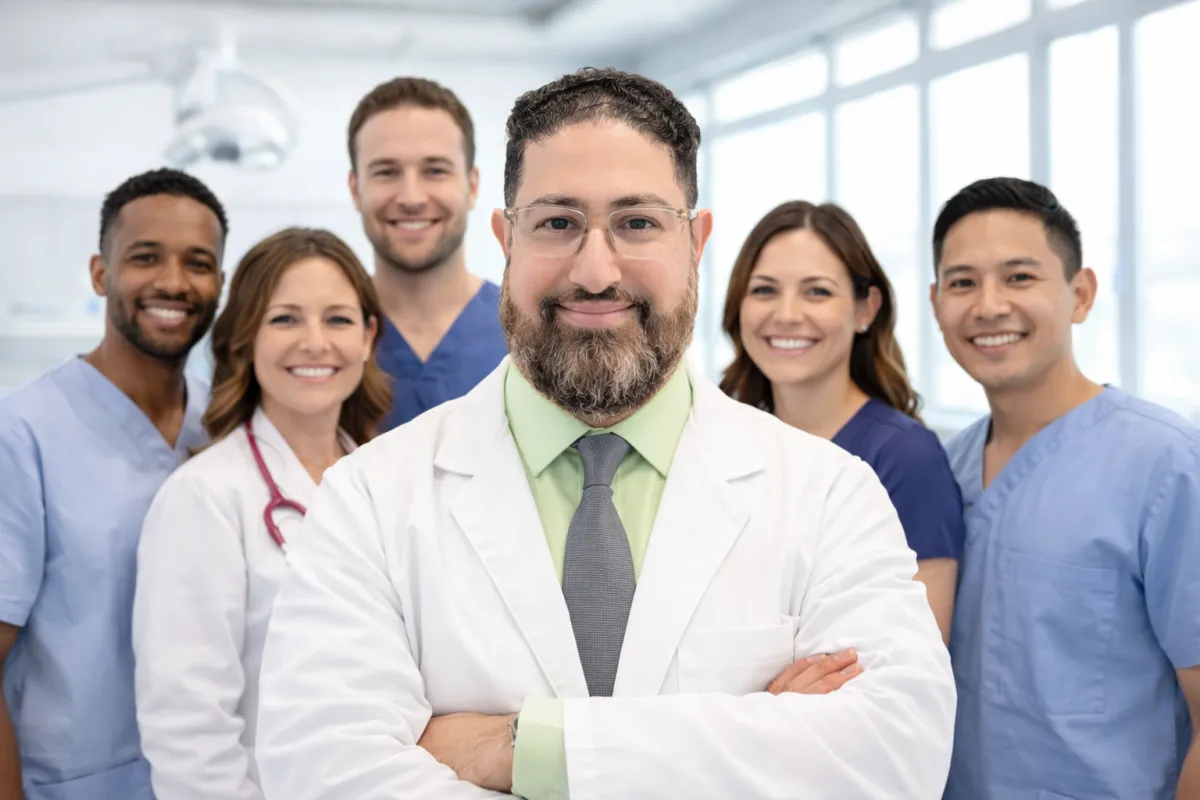 All-female healthcare team smiling together in a welcoming OB-GYN medical office